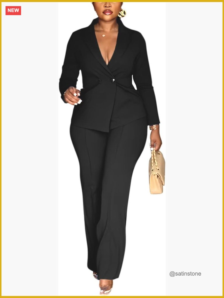 Double Breasted Blazer Pants Suit 2 Piece Set Polyester Spandex